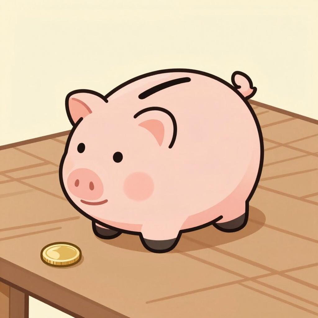 An empty piggy bank lying on its side with a single small coin next to it.