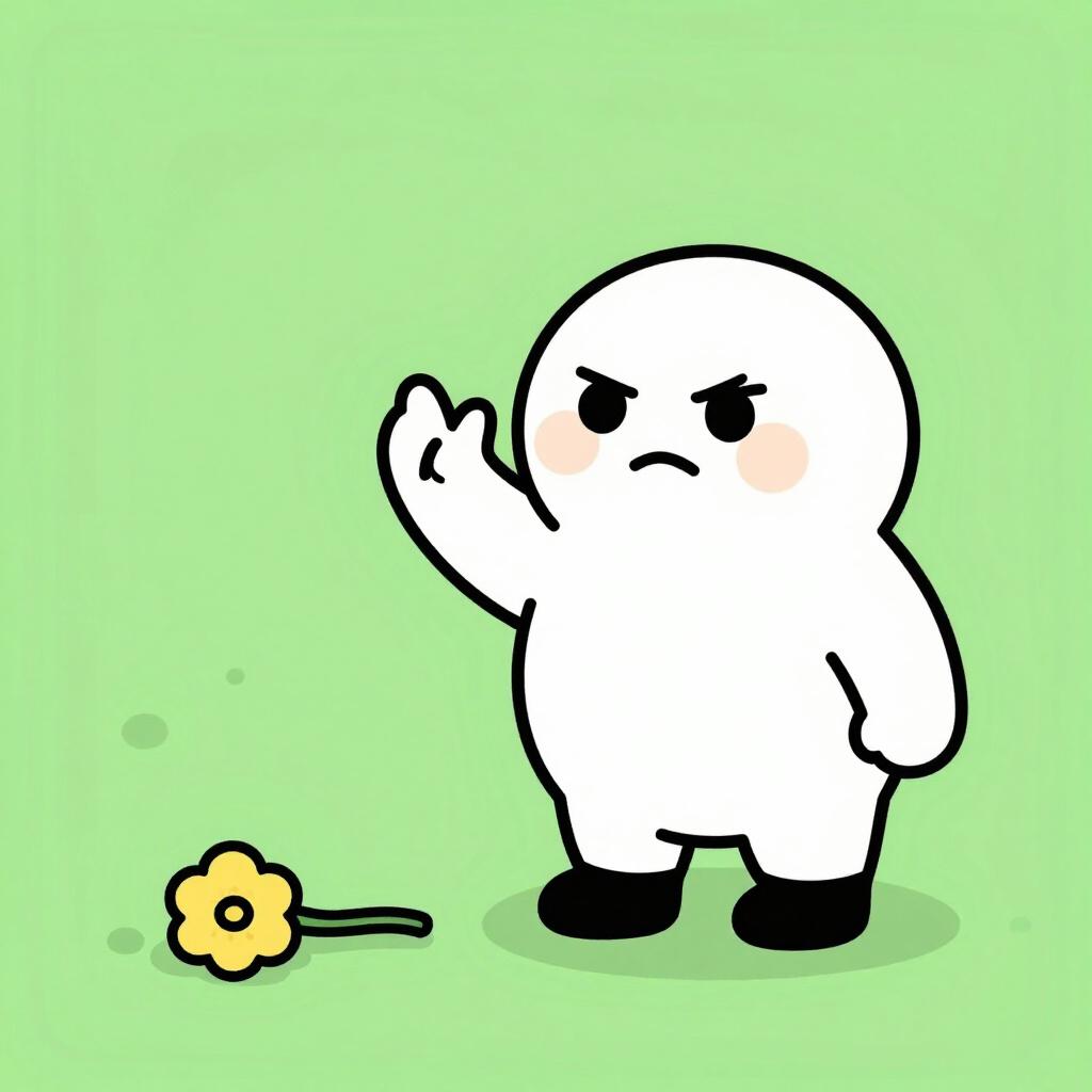 A grumpy character waving their hand dismissively at a small, wilted flower.