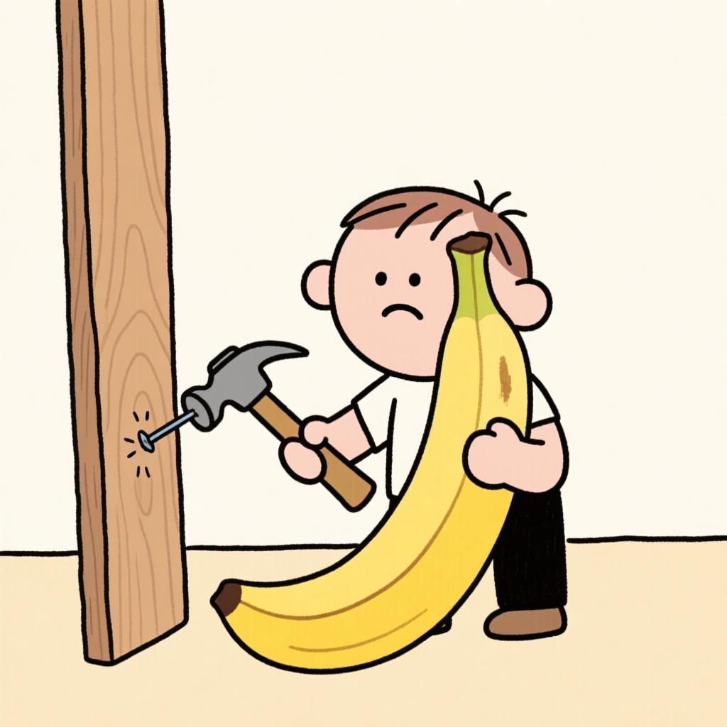 A cartoon character attempting to hammer a nail into a wooden plank using a bright yellow banana instead of a hammer, looking utterly confused and foolish.