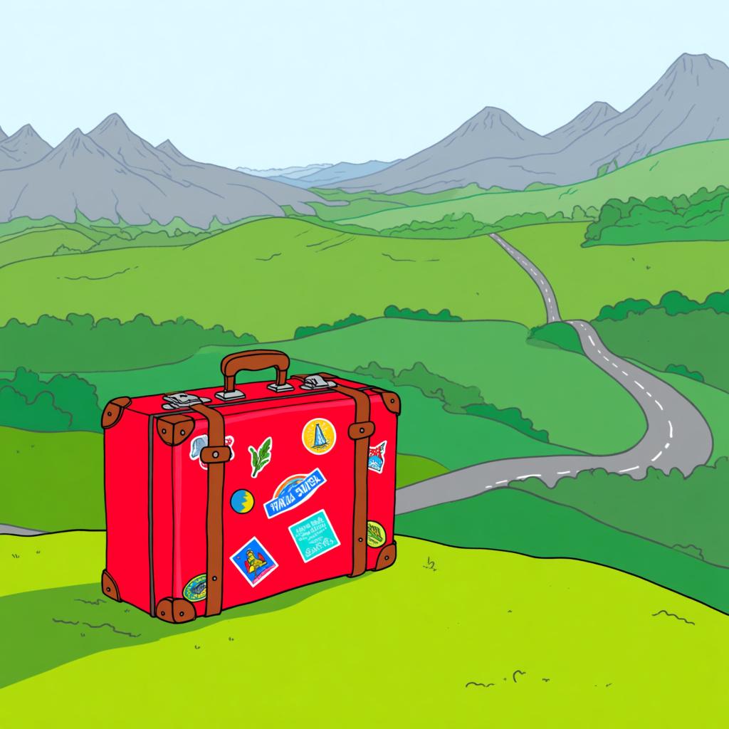 A bright red vintage suitcase standing on a grassy hill overlooking mountains and a winding road, symbolizing a journey or trip.