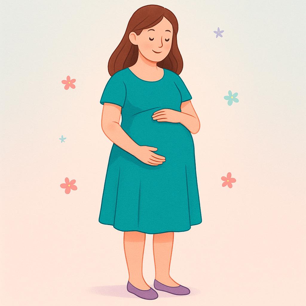 A simple storybook illustration of a smiling woman standing, visibly pregnant with a large rounded belly, gently resting her hands on her stomach.