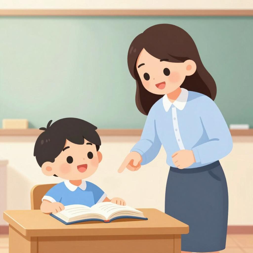 Ein freundlicher Lehrer steht an einer Tafel und leitet einen jungen Schüler an, der ein Buch hält.