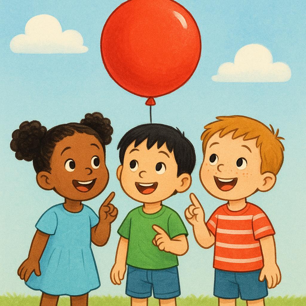 A colorful storybook illustration showing three children outdoors, standing side-by-side, all pointing and looking up intently at a bright red balloon floating in the blue sky.