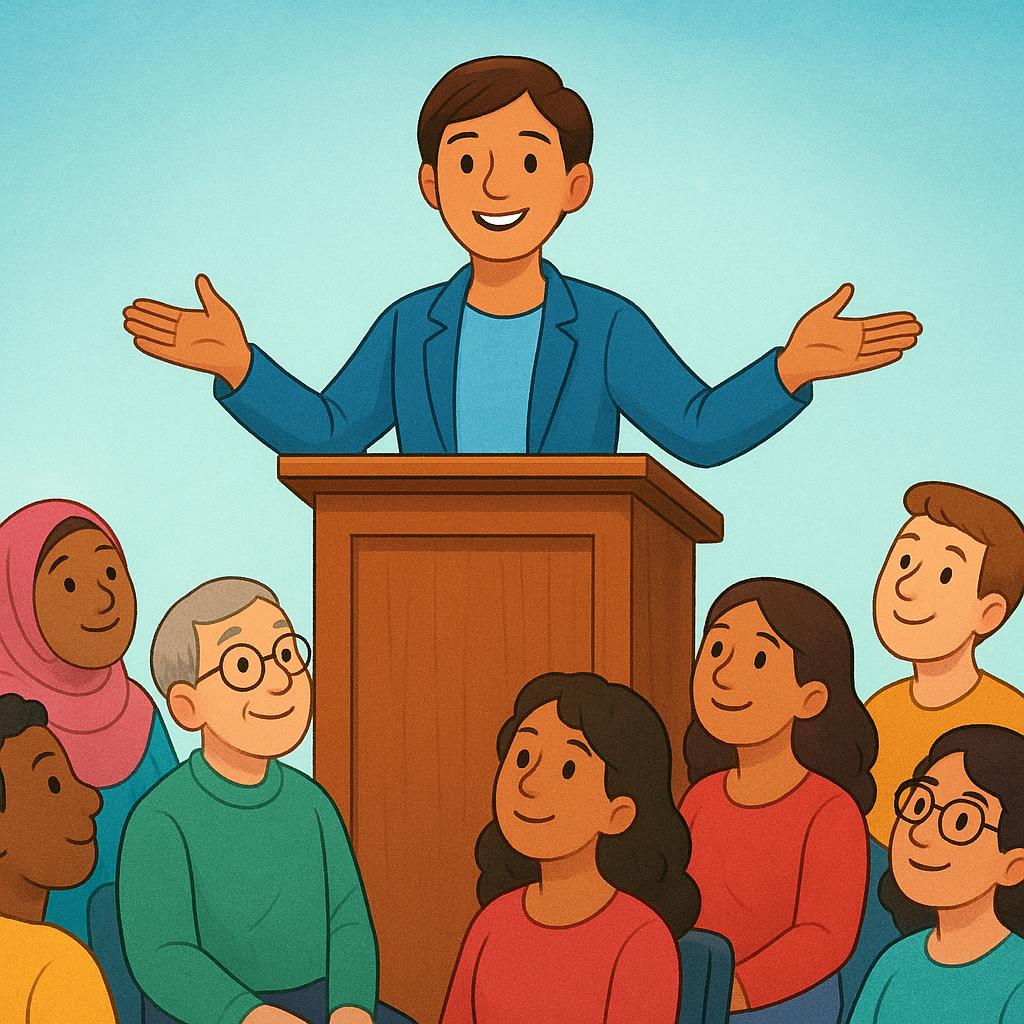 A speaker at a simple wooden podium, smiling and extending both hands towards a diverse, seated audience, illustrating a warm address.