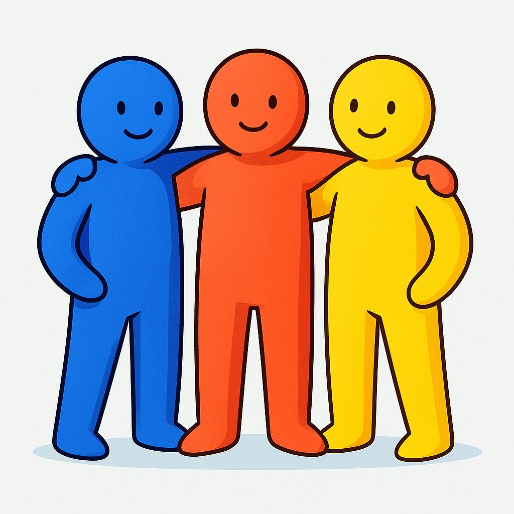 A colorful storybook illustration depicting three stylized figures (one blue, one red, and one yellow) standing side-by-side with their arms linked tightly together, symbolizing unity and solidarity.