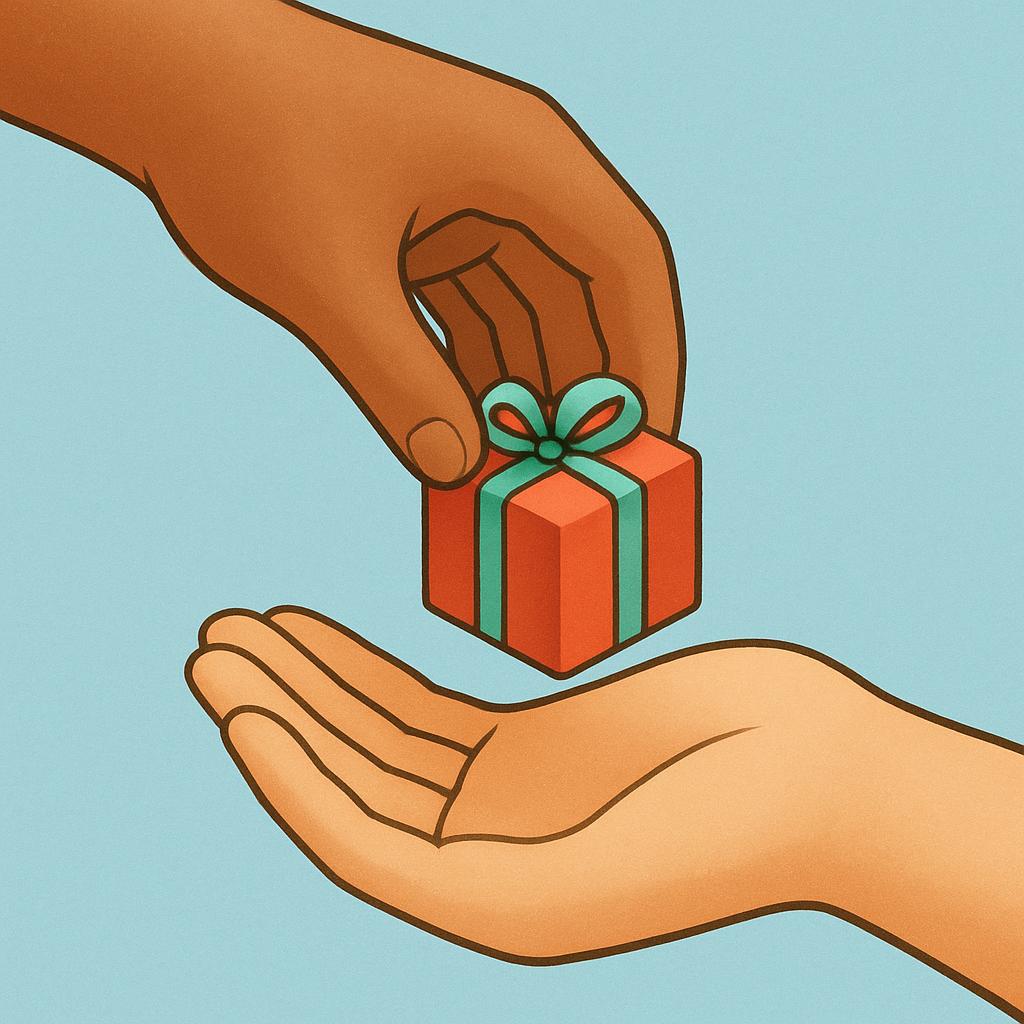 A close-up illustration of one hand accepting a brightly wrapped gift package from the outstretched palm of a second hand, signifying acceptance.
