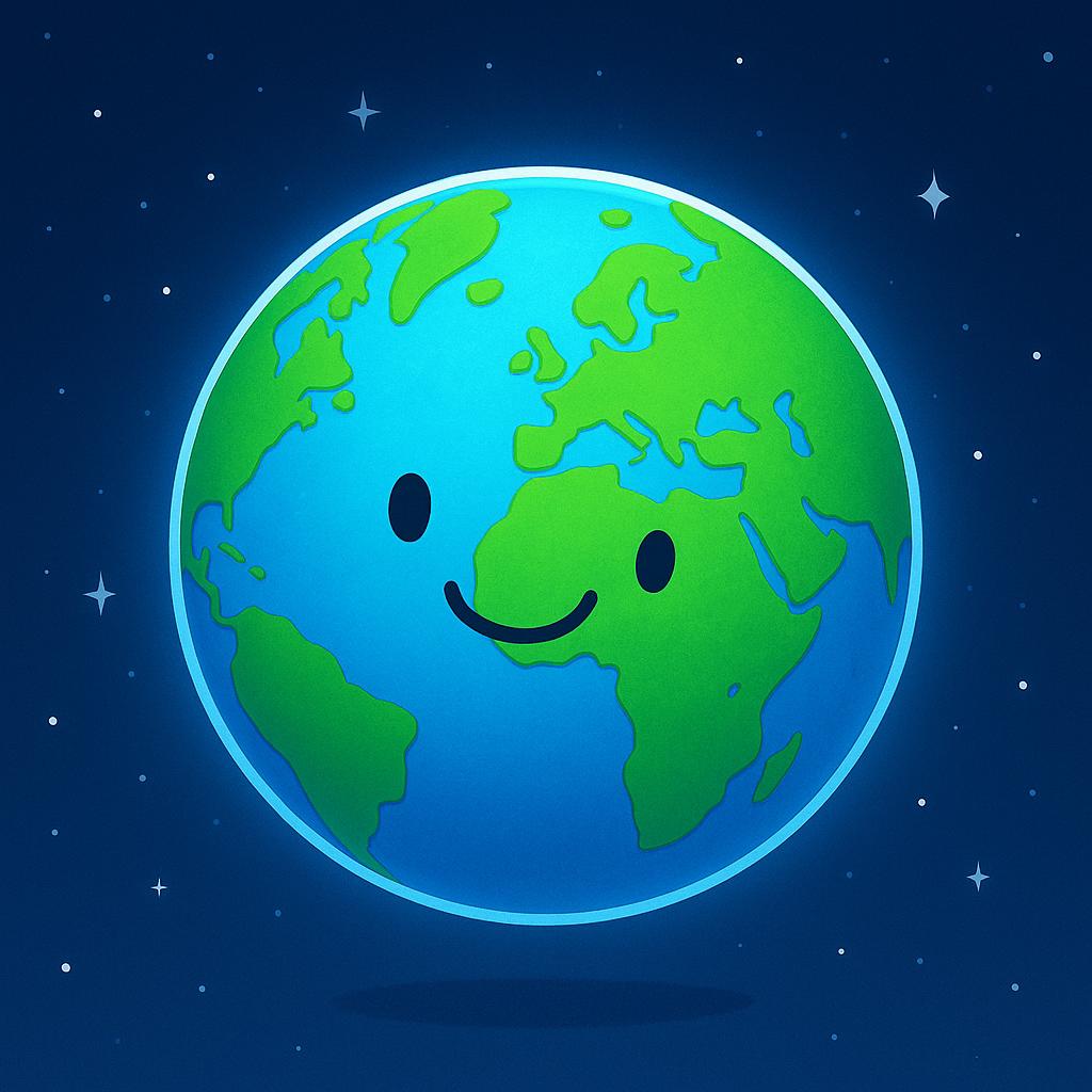 A cheerful and simple illustration of the planet Earth, showing continents in green and oceans in blue, suggesting a worldwide scope.