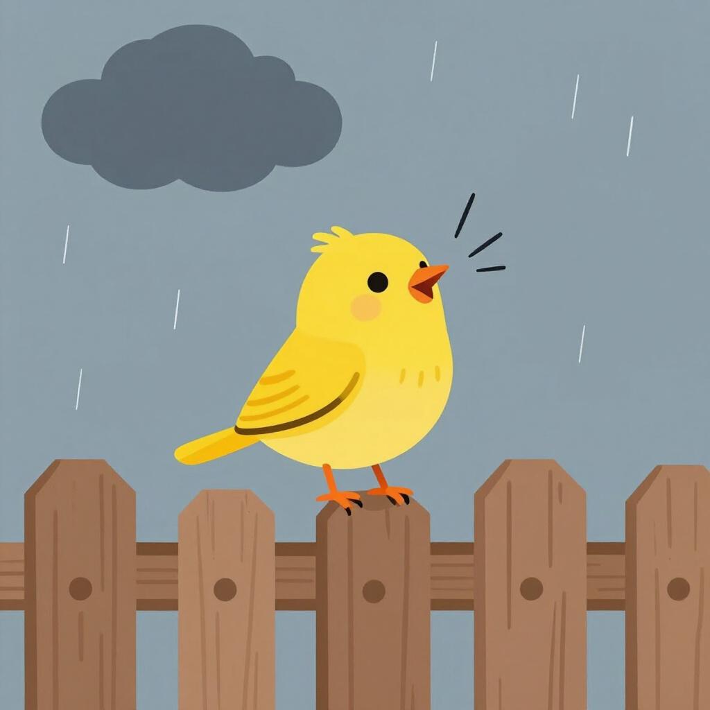 A small bird singing cheerfully while standing in a gentle rain shower under a dark cloud.