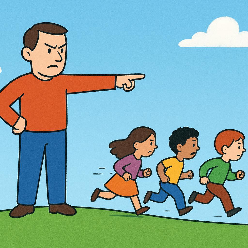 A storybook illustration showing one person standing firm and pointing away, while three other people are depicted walking quickly in the direction indicated, suggesting they are leaving.