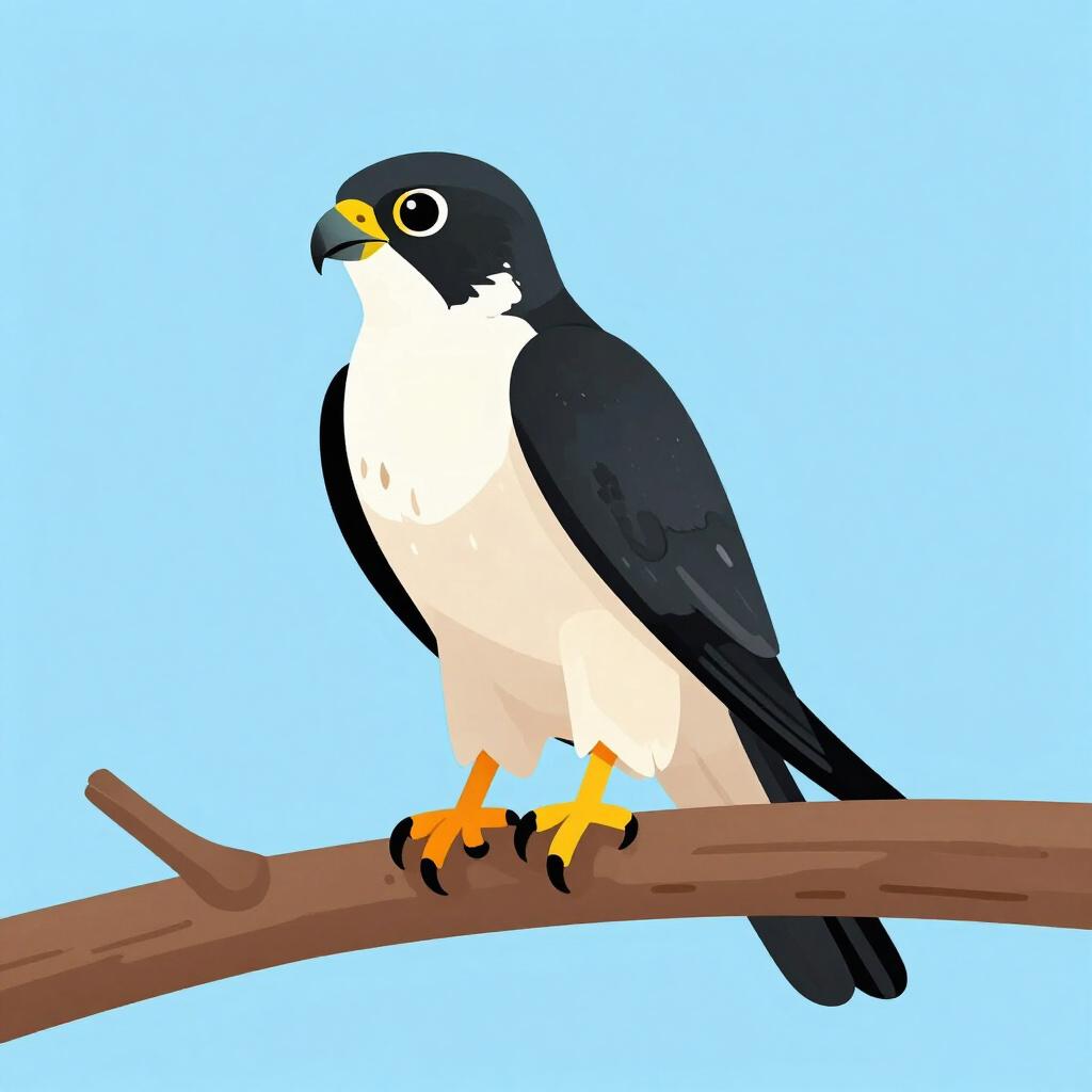 A detailed illustration of a falcon perched on a wooden branch with sharp eyes and patterned feathers.
