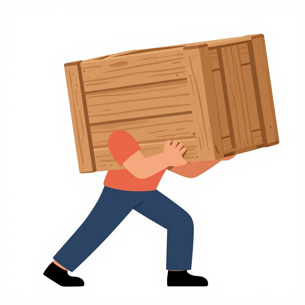 A person lifting a heavy wooden crate with their arms to show physical strength.