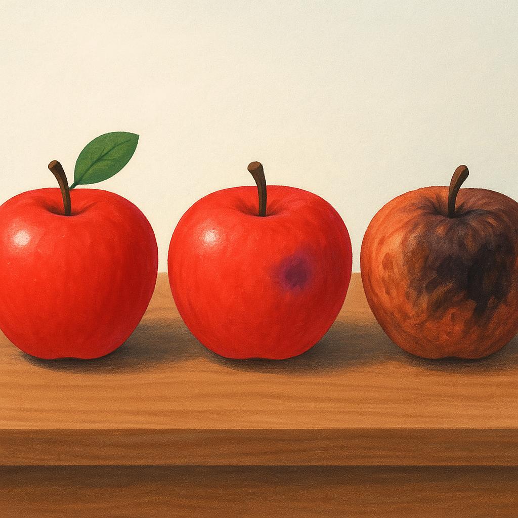 A colorful illustration of three apples sitting on a table. One apple is perfect, another is slightly bruised, and the third is heavily bruised and partially rotten, indicating it is worse.