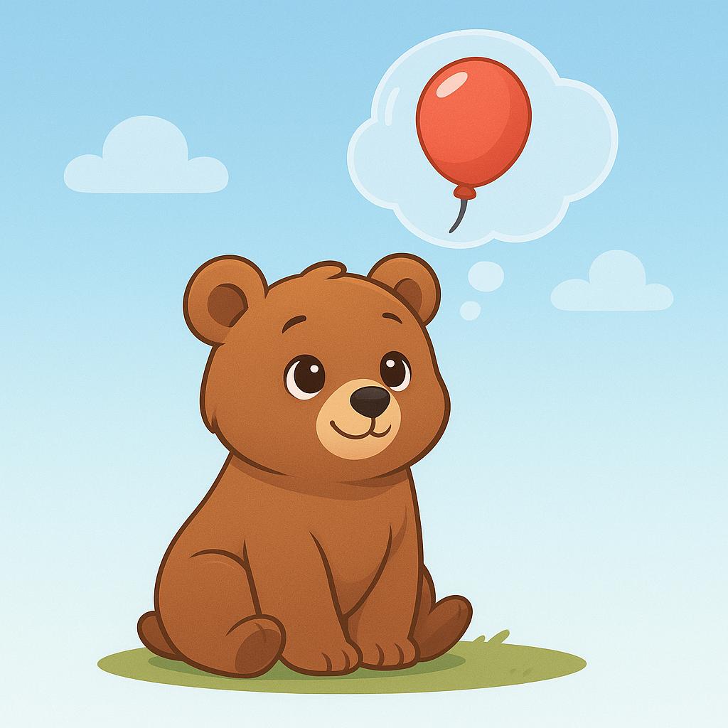 A friendly cartoon bear cub sitting on a patch of grass. A brightly colored red balloon is clearly visible inside a thought bubble floating above its head, symbolizing the act of remembering a memory.