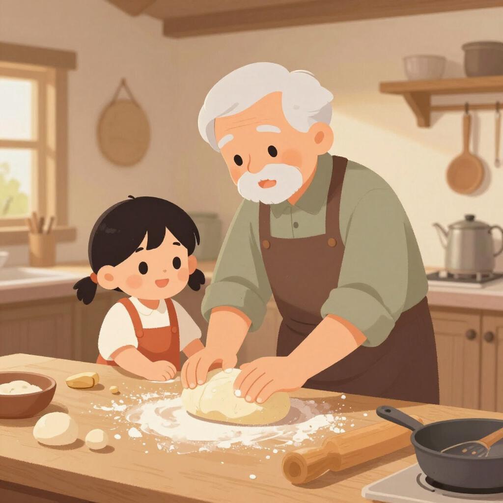 A child and a grandparent sitting together at a wooden table, hand-making traditional pottery or bread together.