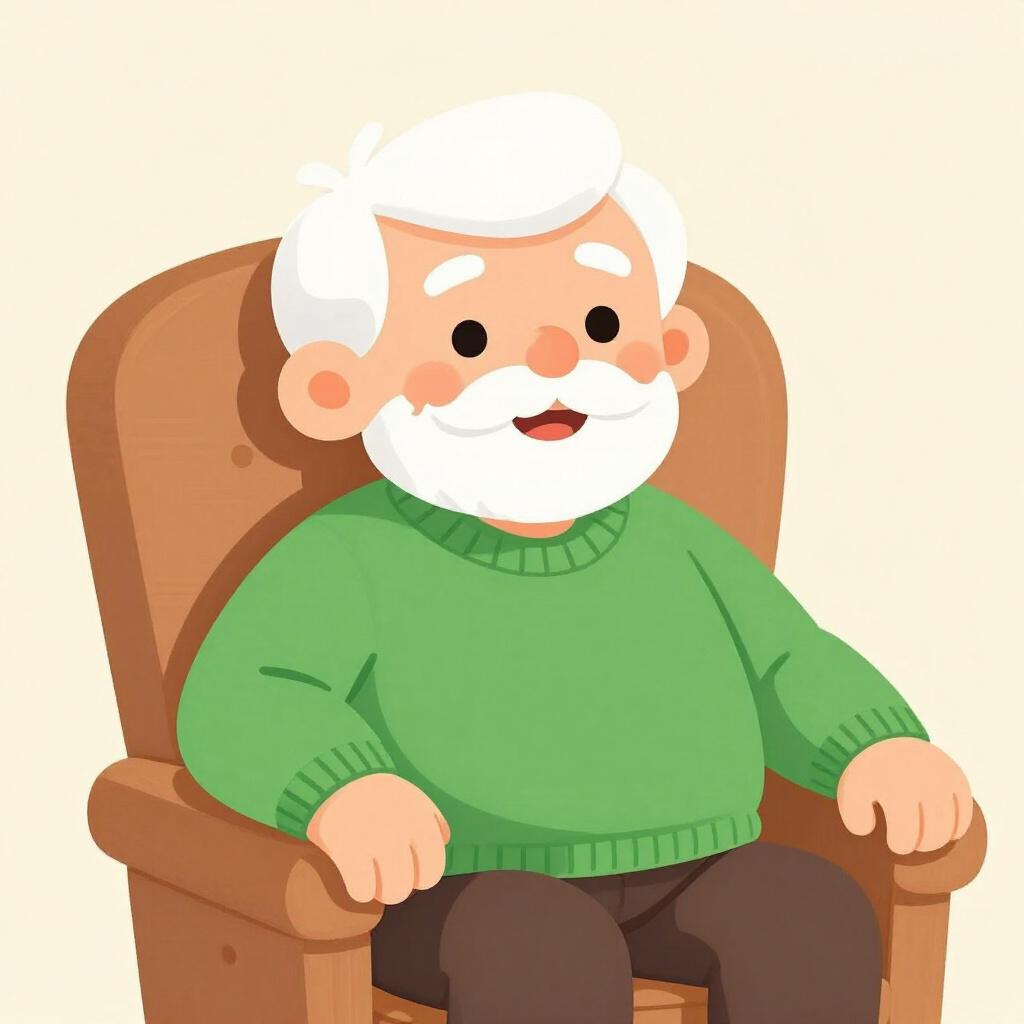 A kind, smiling elderly man with white hair and glasses, wearing a cozy green sweater and sitting in a comfortable armchair.