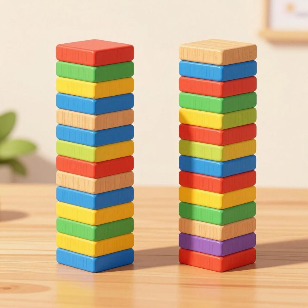 Duas pilhas idênticas de blocos de madeira coloridos lado a lado sobre uma mesa.