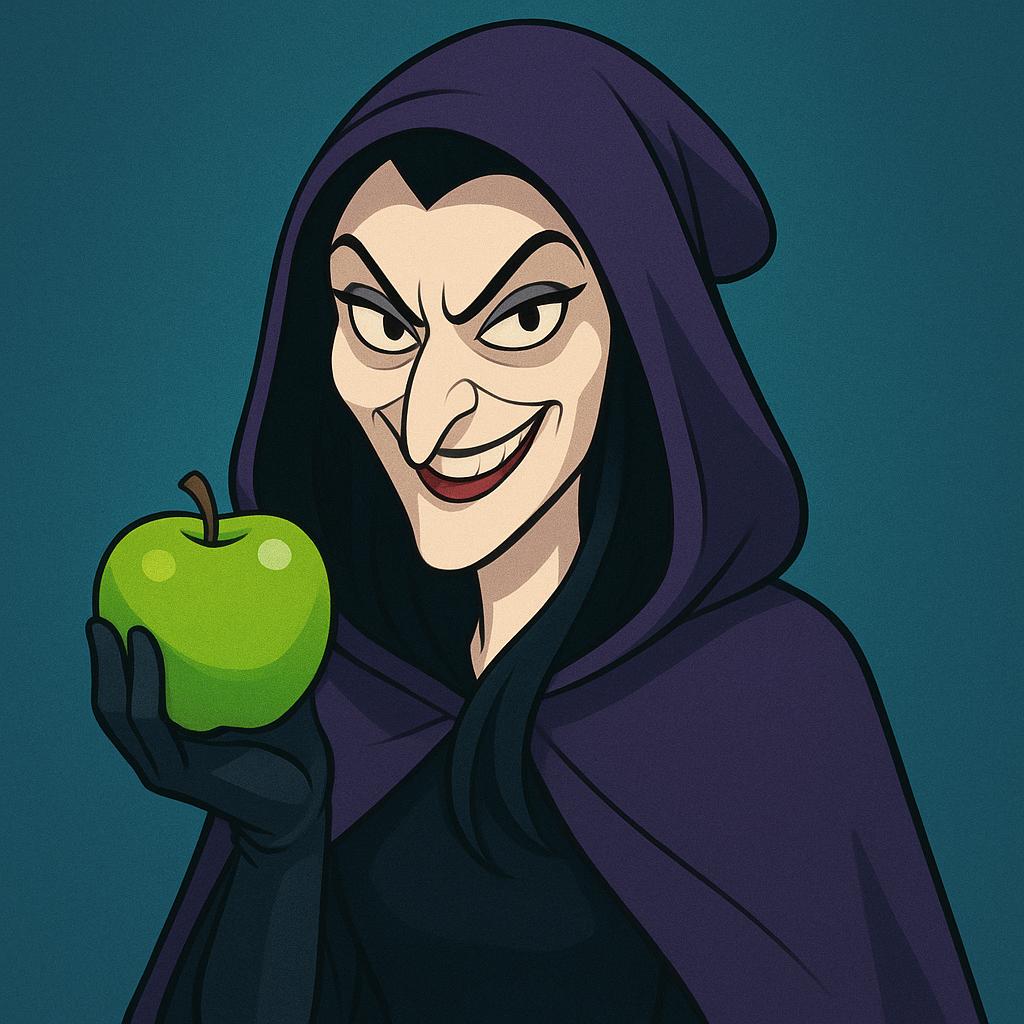 A woman with a sharp, malevolent smile, wearing a dark cloak and holding a single, poison-green apple.