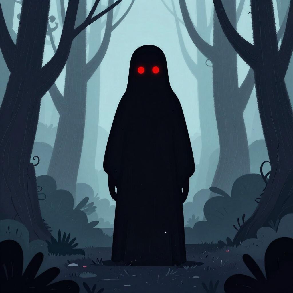 A shadowy figure with glowing red eyes standing in a dark forest.