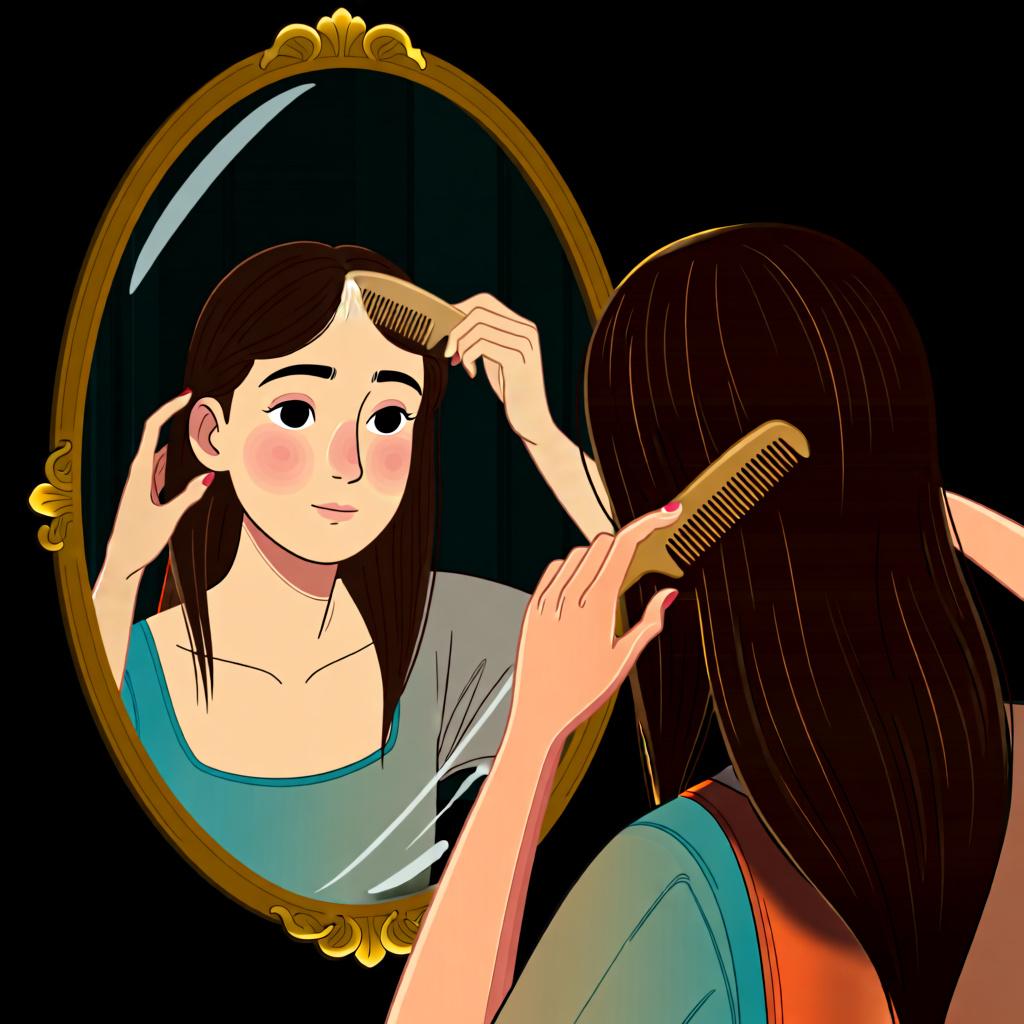 A person looking in a mirror and combing their own hair, illustrating an action done to oneself.