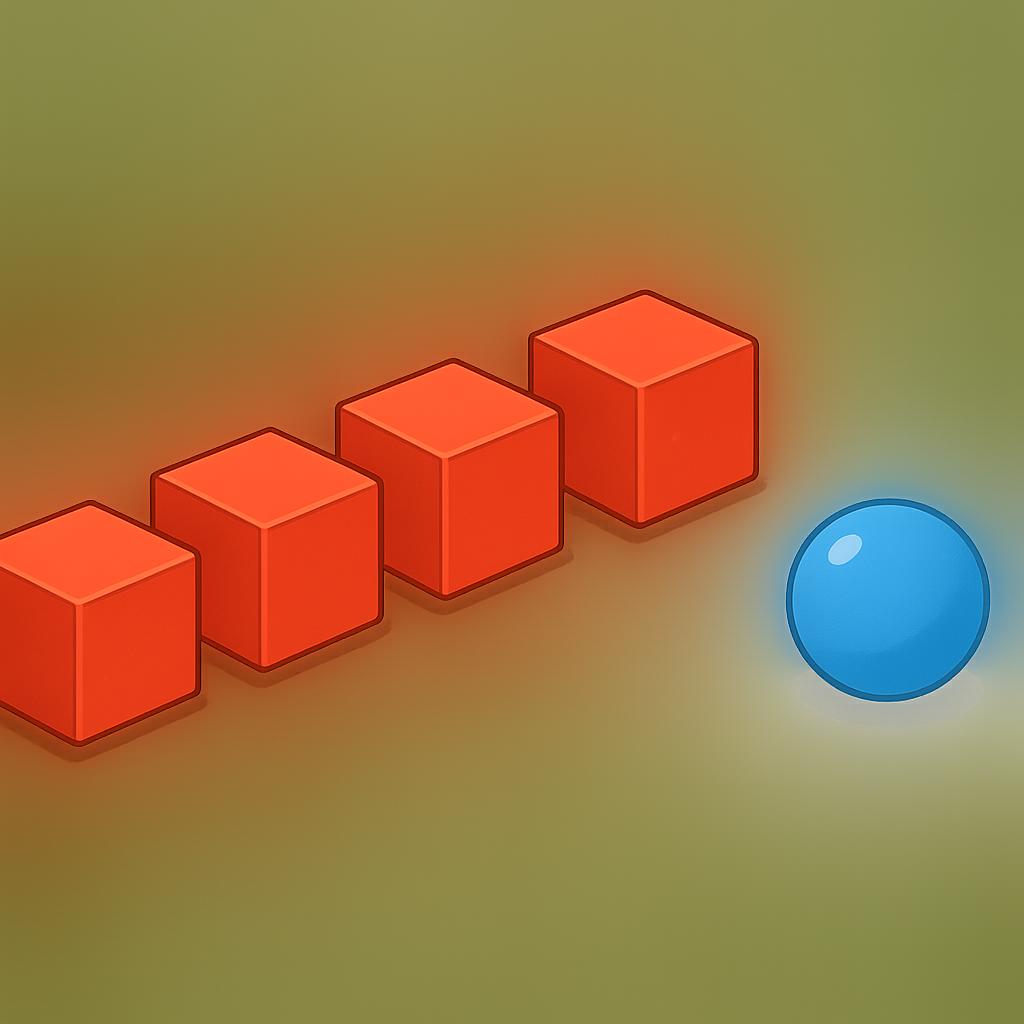 Four identical bright red cubes are aligned in a neat row, with a single bright blue sphere positioned distinctly apart from the group, illustrating the concept of exclusion.