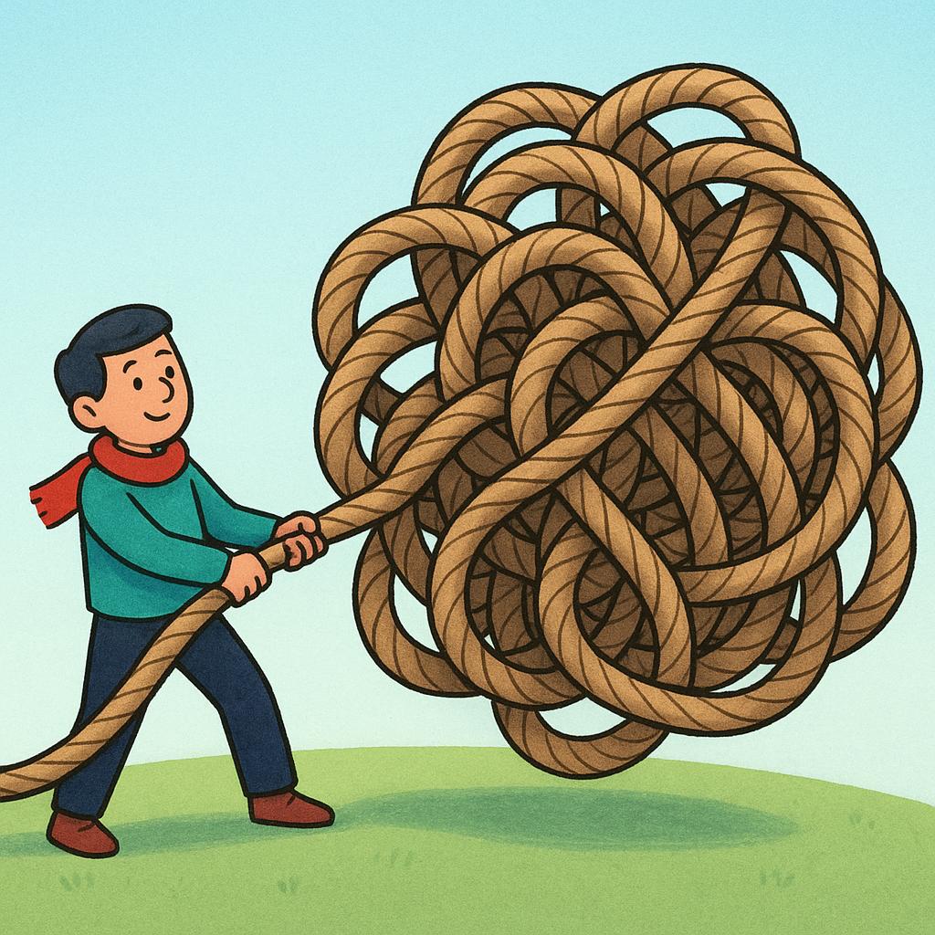A person calmly holding a large, complex, tangled knot of rope, preparing to untangle it, symbolizing handling a difficulty.