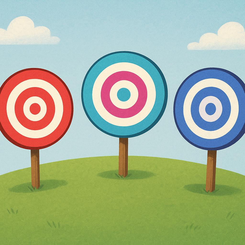 A colorful illustration showing three distinct, bright targets or bullseyes standing upright on a grassy hill, symbolizing objectives or aims.