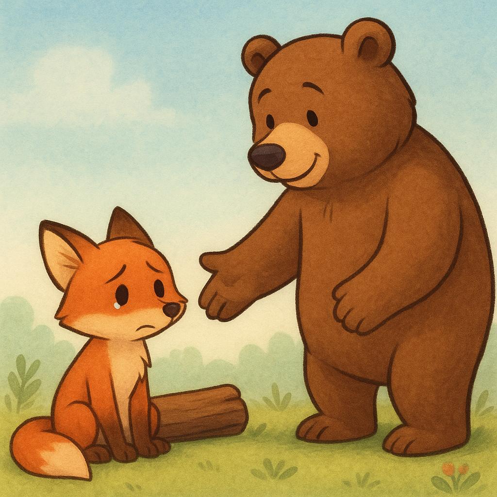 A friendly anthropomorphic bear character extending a strong hand downwards to a small anthropomorphic fox character who is sitting on the ground next to a fallen log, offering assistance to stand up.