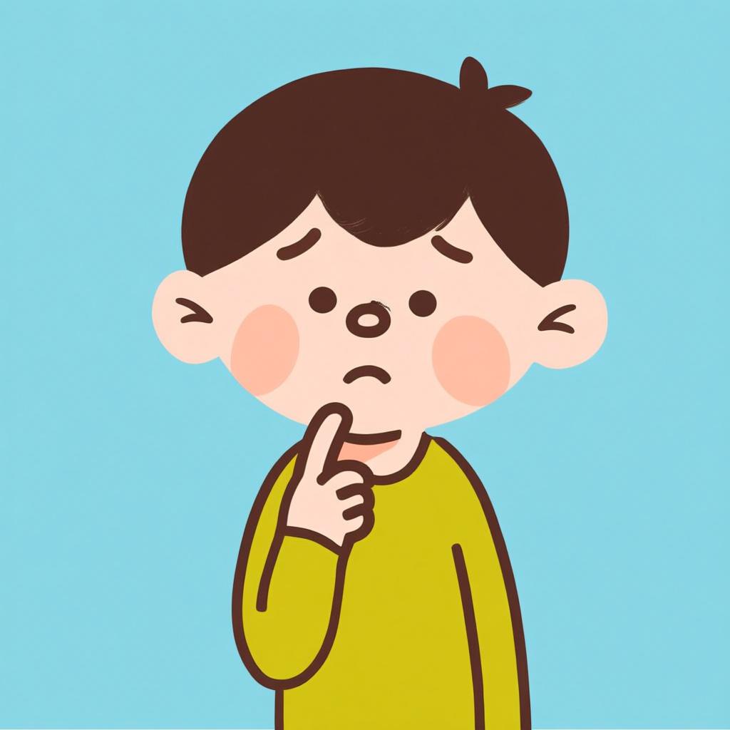 A young character pausing mid-sentence with a finger on their chin, indicating deep thought or hesitation.