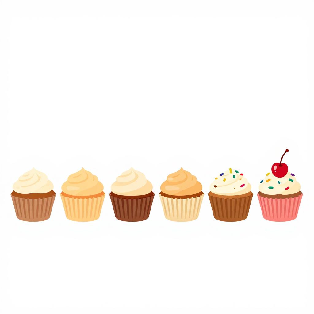 A row of eight colorful cupcakes with the focus on the eighth one which has a bright red cherry on top.