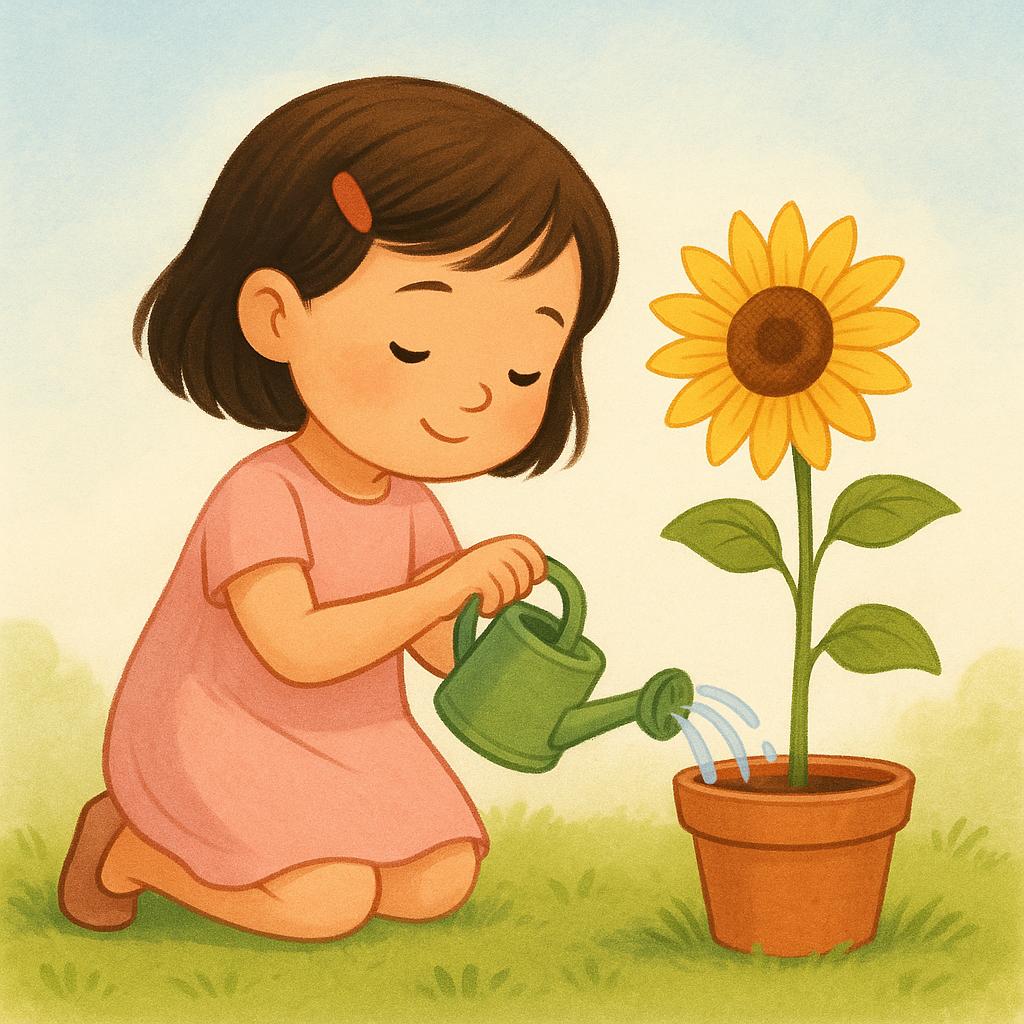 A small girl carefully pouring water from a miniature watering can onto a bright yellow potted sunflower, illustrating the act of caring for a plant.