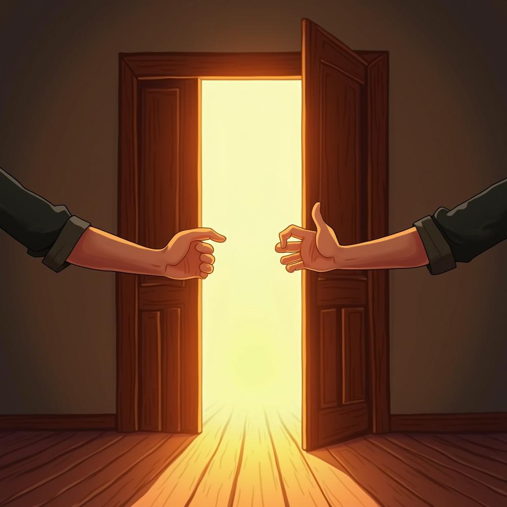 A person's hand holding open a heavy wooden door, gesturing an invitation into a brightly lit room.