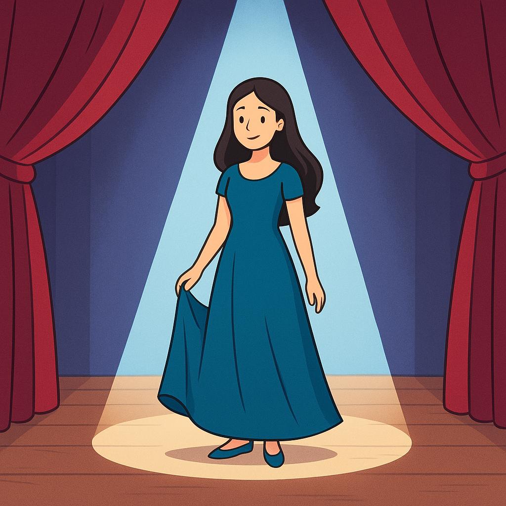 A woman standing center stage under a bright spotlight, wearing an elegant purple gown, illustrating the role of an actress.