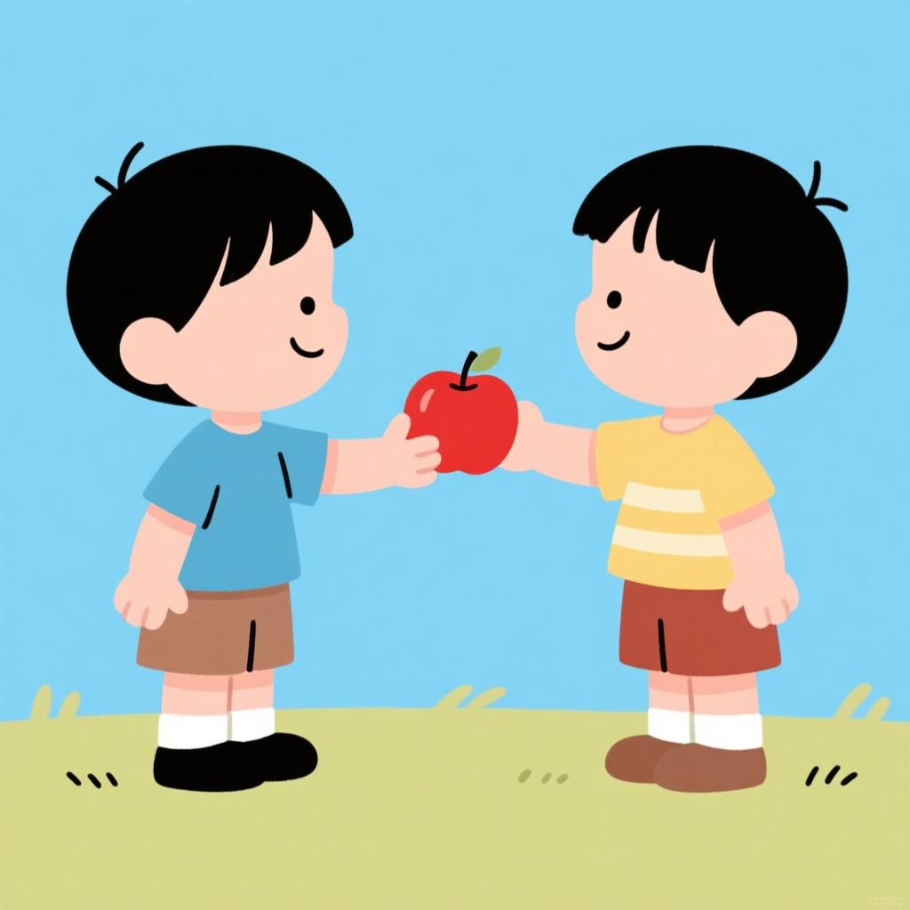 A child handing a brightly colored apple to another child, illustrating the action of giving or transferring an object.