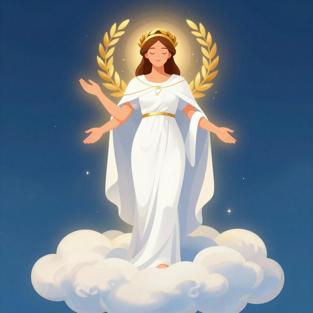 A majestic woman with a glowing aura wearing a golden laurel wreath and a flowing white silk robe.