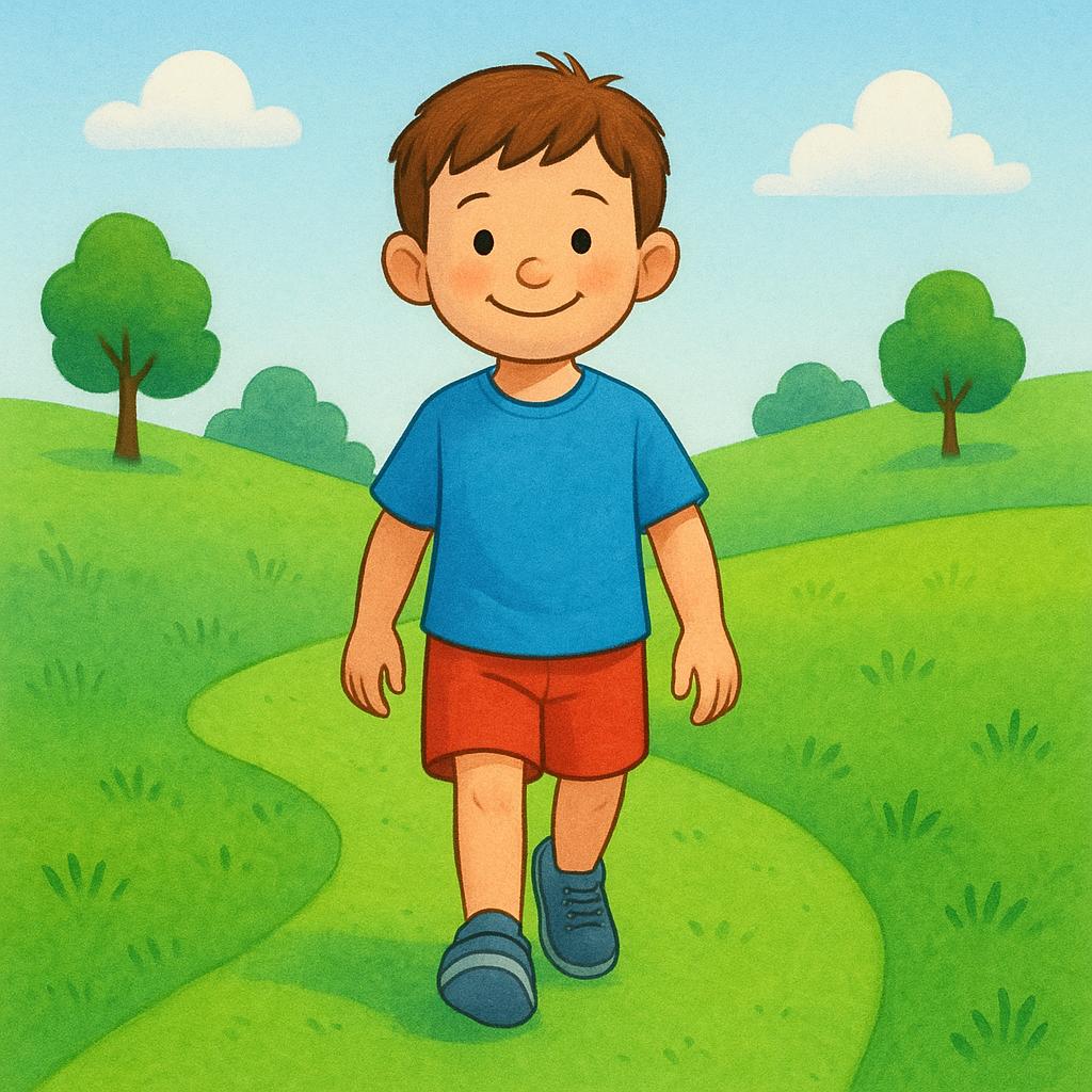A brightly colored illustration of a young boy walking towards the front of the image on a sunny green path.