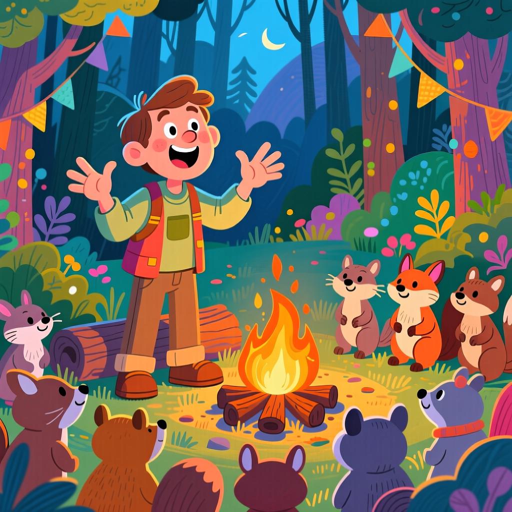 A storyteller animatedly telling a magical story to a group of captivated listeners.