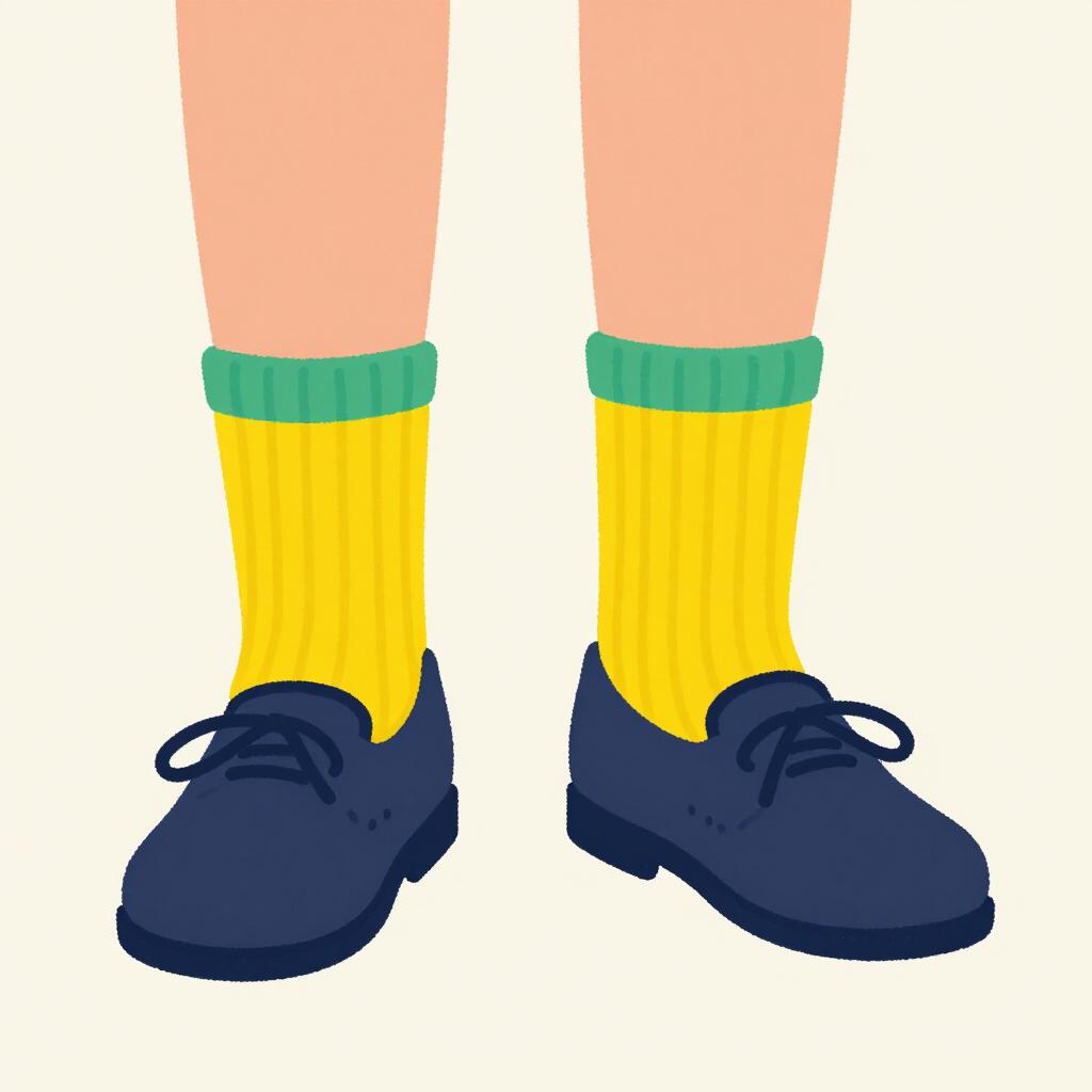 Uma ilustração colorida de uma pessoa usando meias por cima dos sapatos enquanto tenta andar.