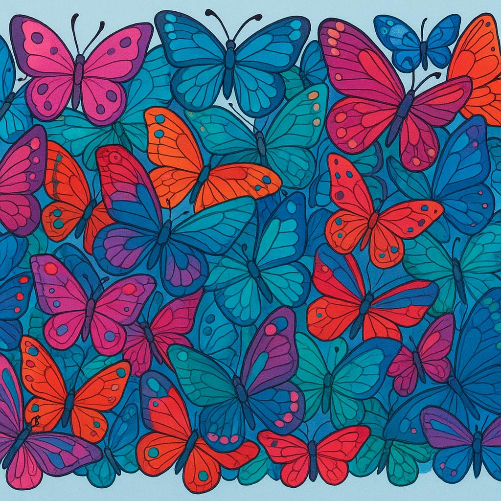 A massive, dense cloud or swarm composed entirely of brightly colored butterflies, illustrating a very large quantity.