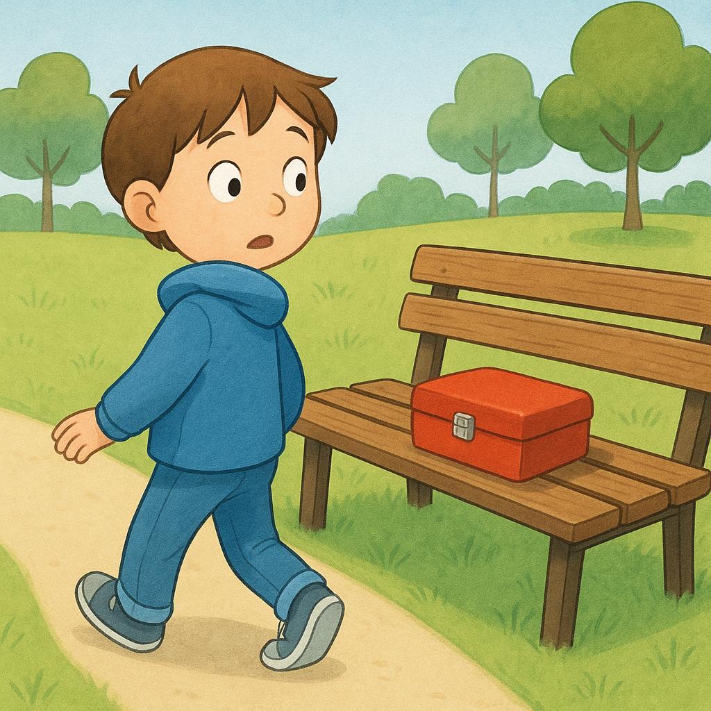 A child walking away from a park bench stops and looks back with a startled expression at a solitary, forgotten red lunchbox sitting on the bench.