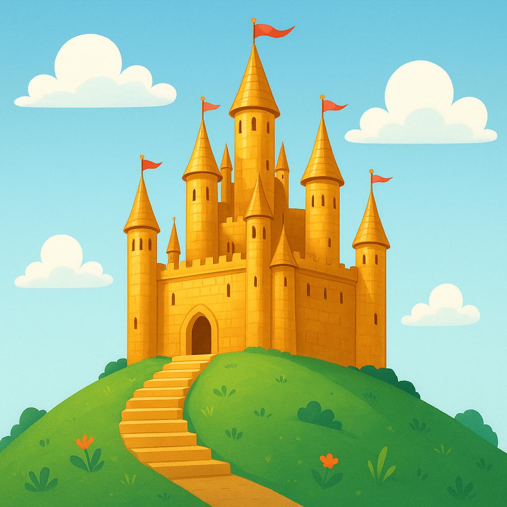 A highly detailed, majestic golden castle with tall spires, positioned prominently on a bright green hill under a sunny blue sky.