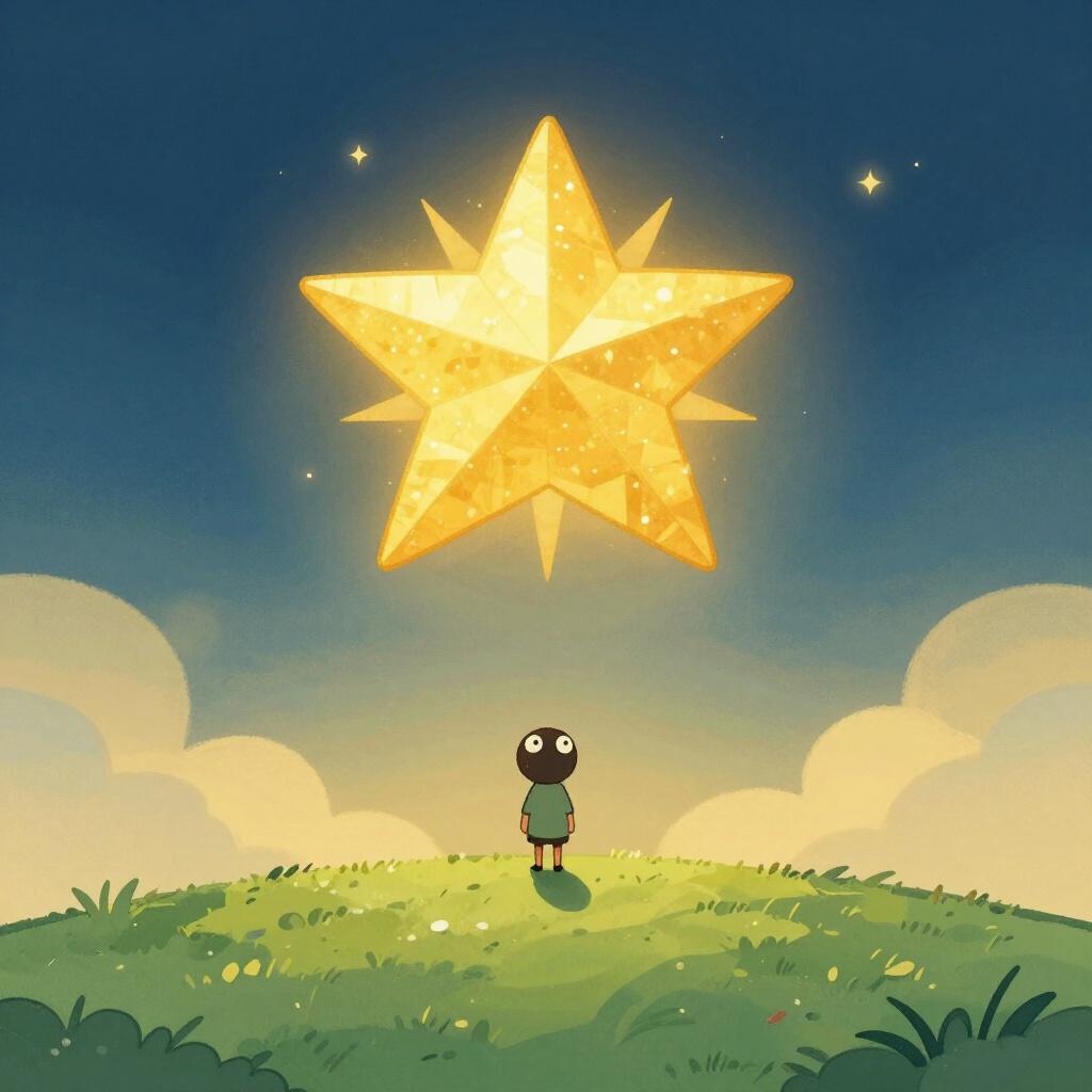 A colorful illustration showing a simple figure standing on a green hill, looking up in awe at a huge, glittering golden star floating just above the horizon.