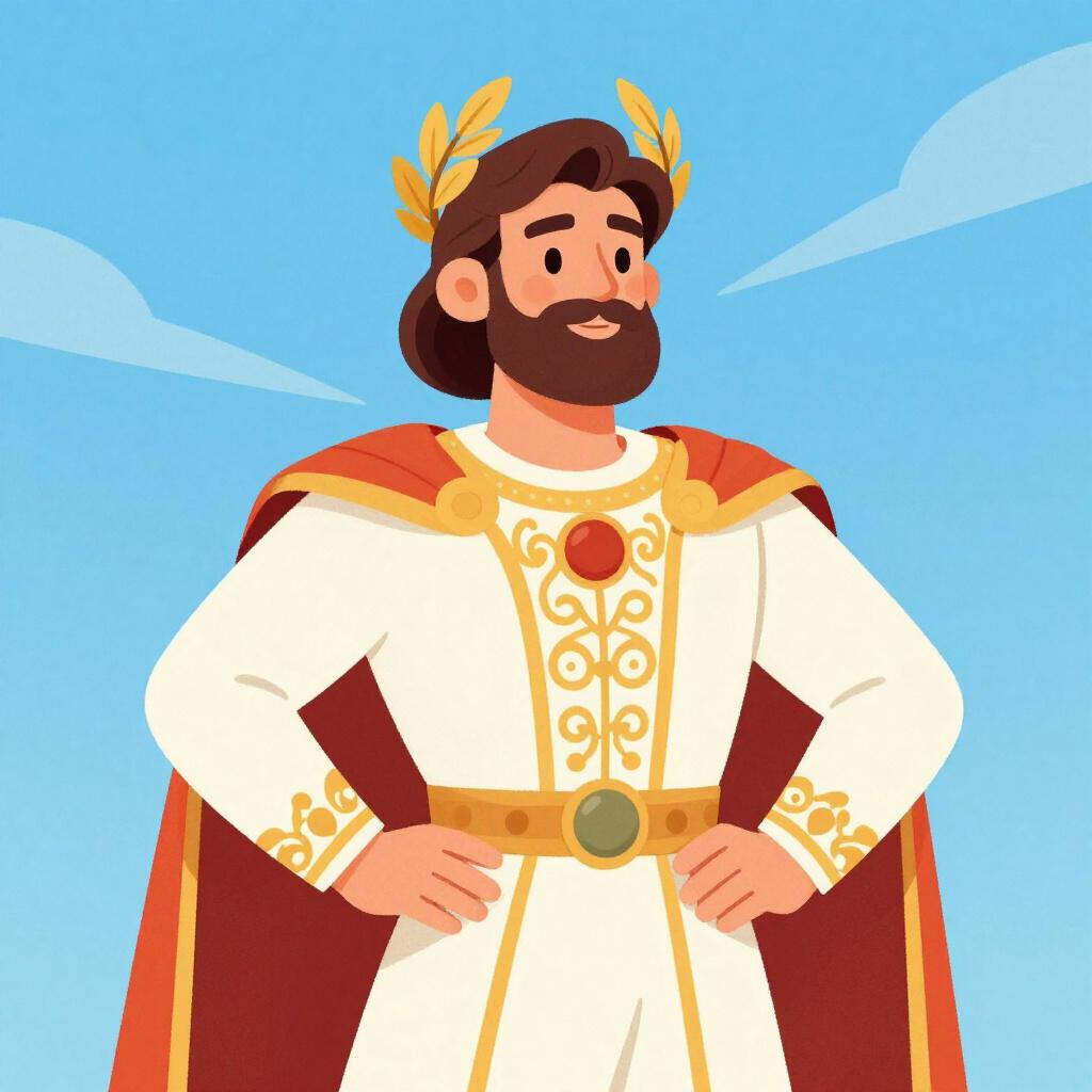 Uma figura nobre em vestes históricas elegantes em pé orgulhosamente numa varanda com uma coroa de louros na cabeça.