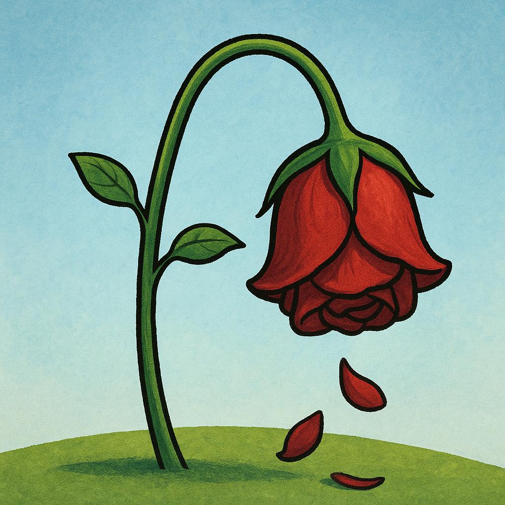 A vivid illustration of a single red rose, its petals shriveled and stem bent, drooping heavily as if losing life.