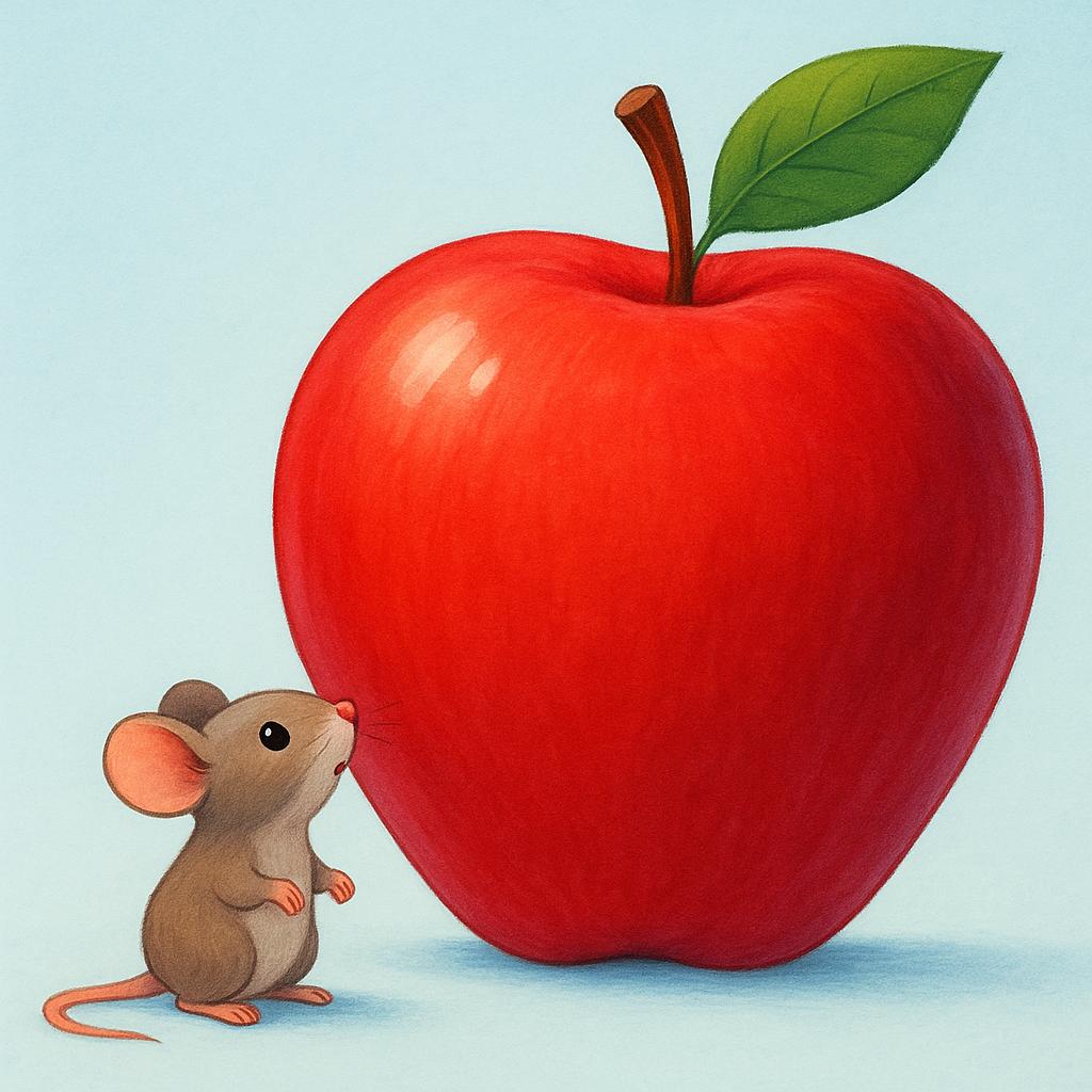 A very small brown mouse stands at the base of an enormous, brightly colored red apple, looking up in awe. The contrast in size illustrates the concept of great degree or magnitude.