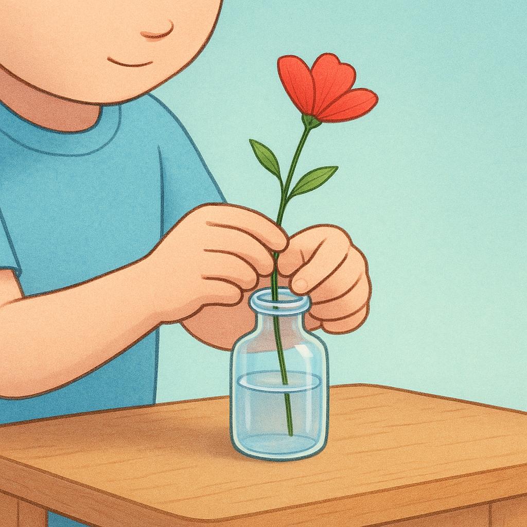 A close-up illustration of a small child carefully using both hands to gently place a single red flower into a small, clear glass vase, showing high concentration.