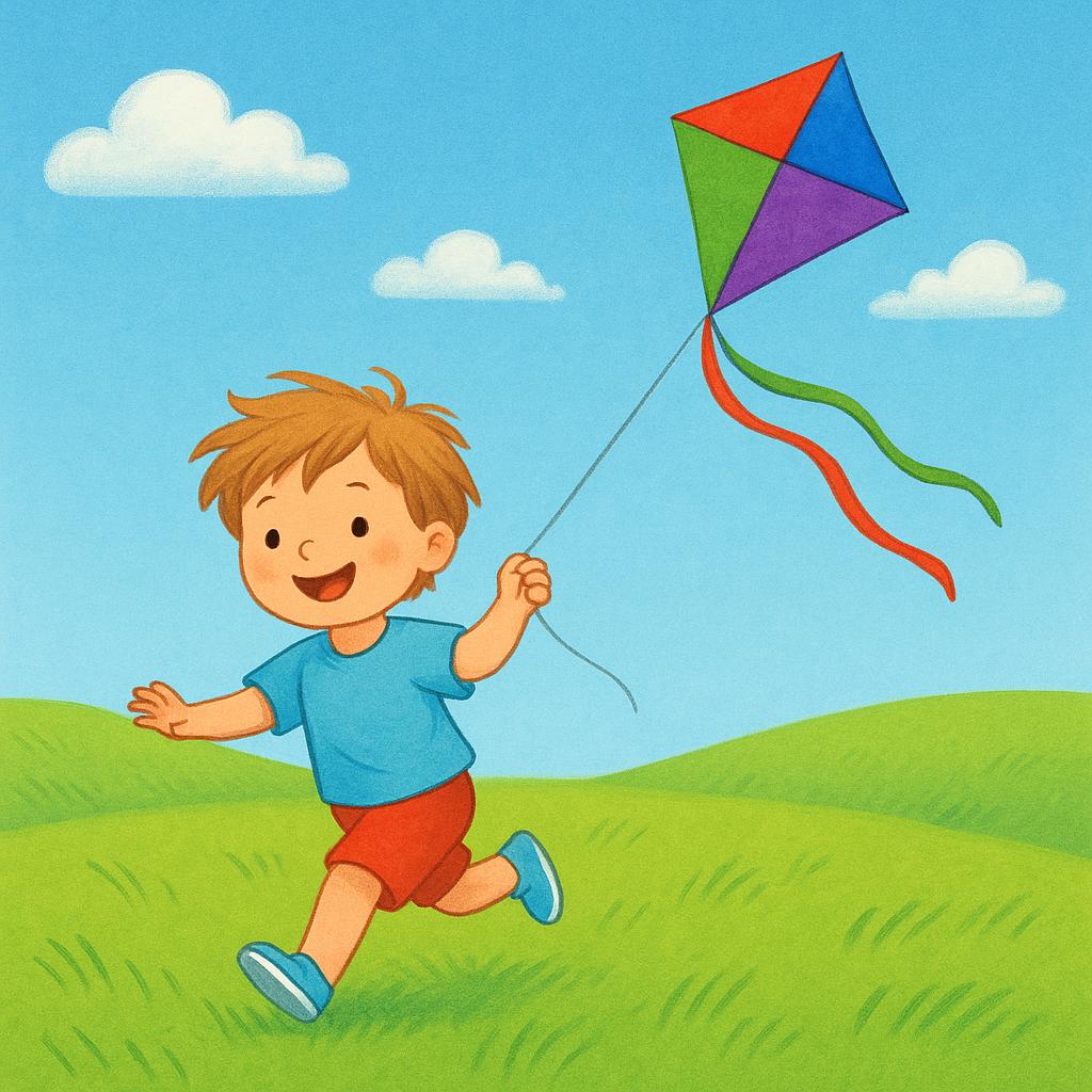 A simple, colorful illustration showing a young child running happily in a green field while flying a large, colorful kite.