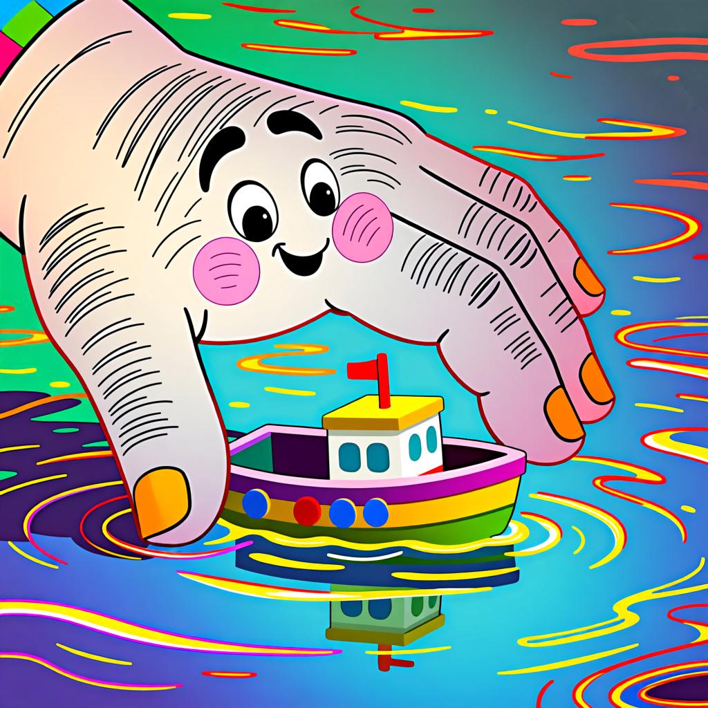 A large, friendly hand gently supporting a small, colorful toy boat on blue water.