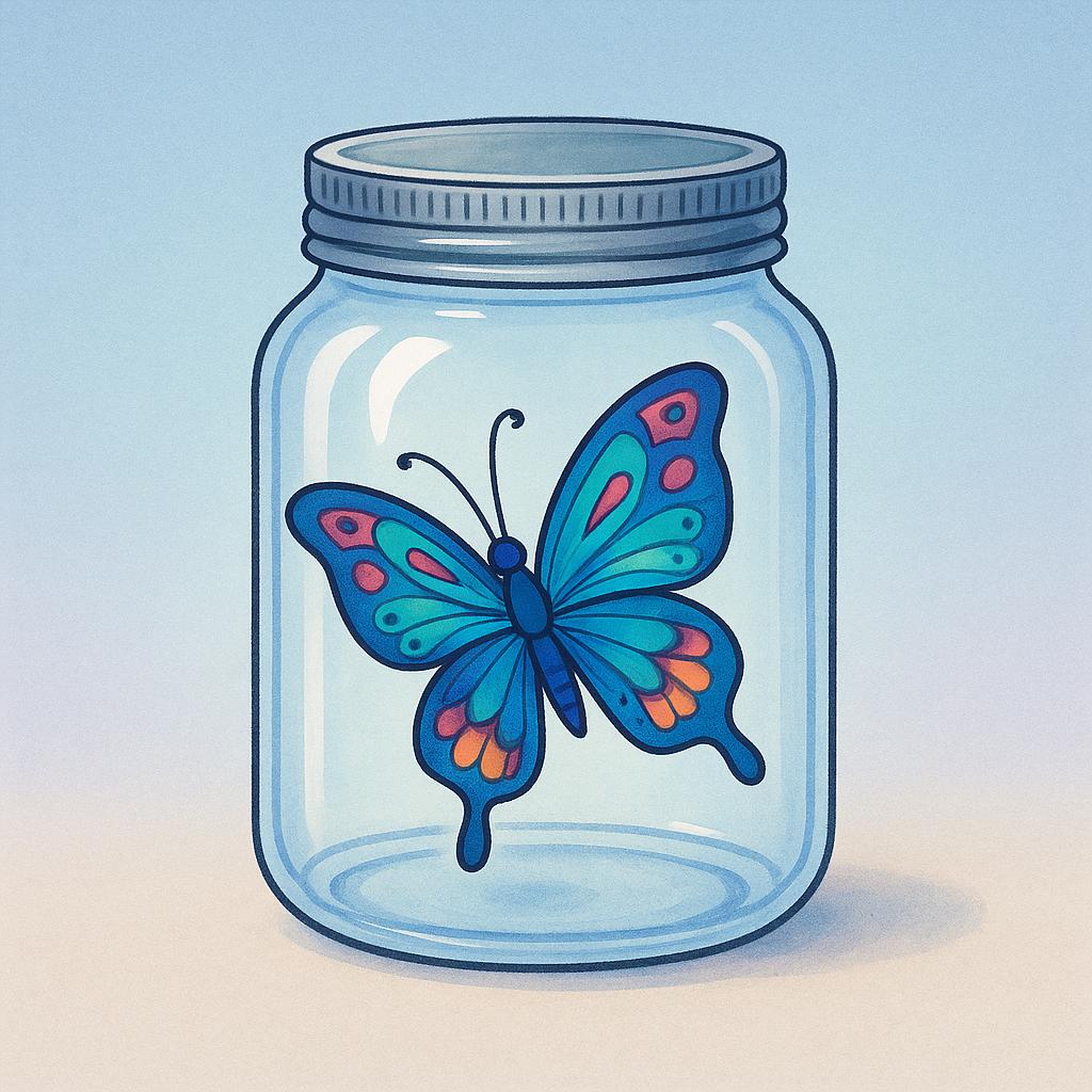 A brightly colored butterfly resting inside a closed, clear glass jar, symbolizing being captured or seized.