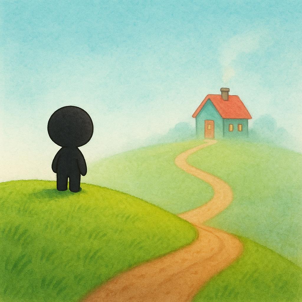 A small, simple figure stands on a green hill, looking down a winding dirt path that leads toward a tiny, colorful house in the distance. The house is partially obscured by a light, hopeful mist, symbolizing an uncertain but possible outcome.