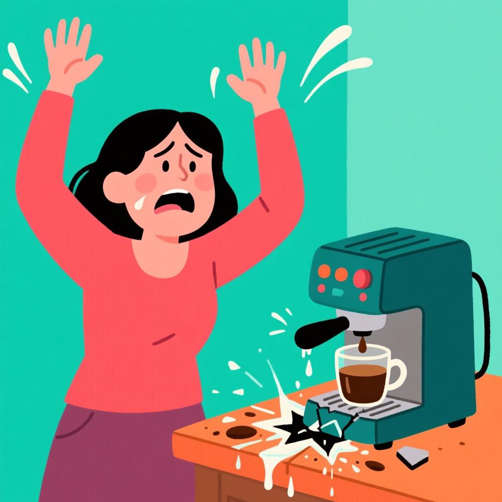 A woman stands in a kitchen, throwing her hands up in exasperation next to a coffee machine that is sputtering and failing to work, symbolizing frustration.